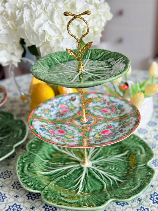Famille Rose Tiered Stand with Bordallo Pinheiro Cabbage Charger – Handcrafted 3-Tier Serving Stand (12” Base)