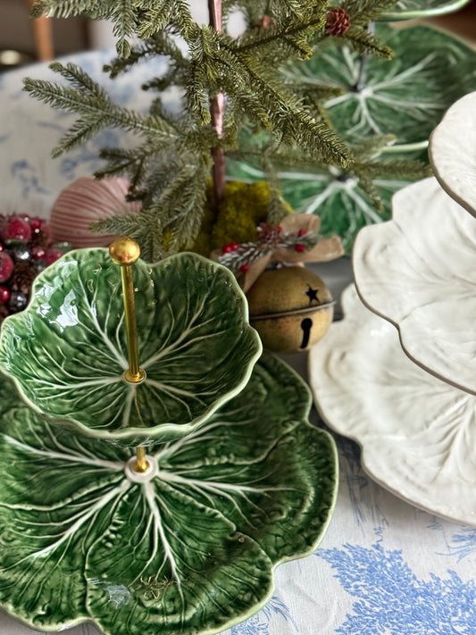 Bordallo Pinheiro Cabbageware Tiered Stand – 12” Charger Base with Matching Bowl Top | Handcrafted Serving Stand and Countertop organizer