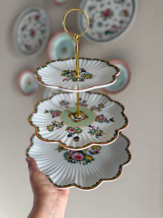 Famille Rose Scalloped Tiered Stand – Handcrafted Floral Serving Stand