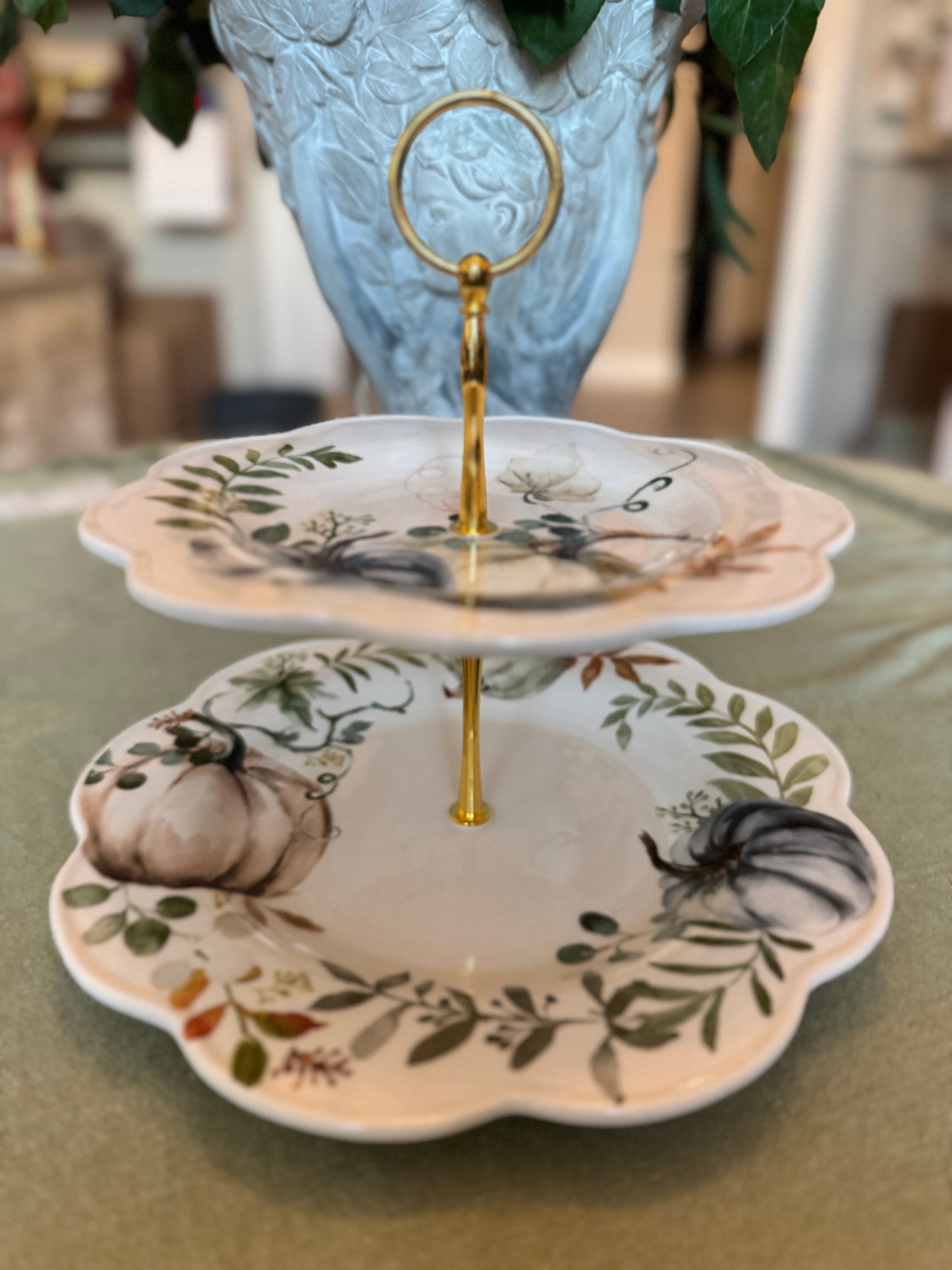 2-Tier Pumpkin & Greenery Tiered Serving Stand – 10.5 Inch Base Plate – Fall Dessert & Appetizer Display
