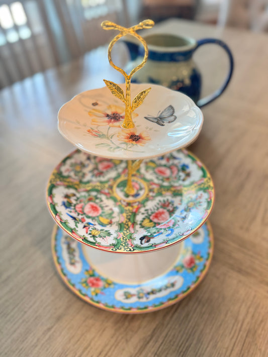 Lenox Butterfly Meadow and Williams Sonoma Famille Rose Three Tiered Stand