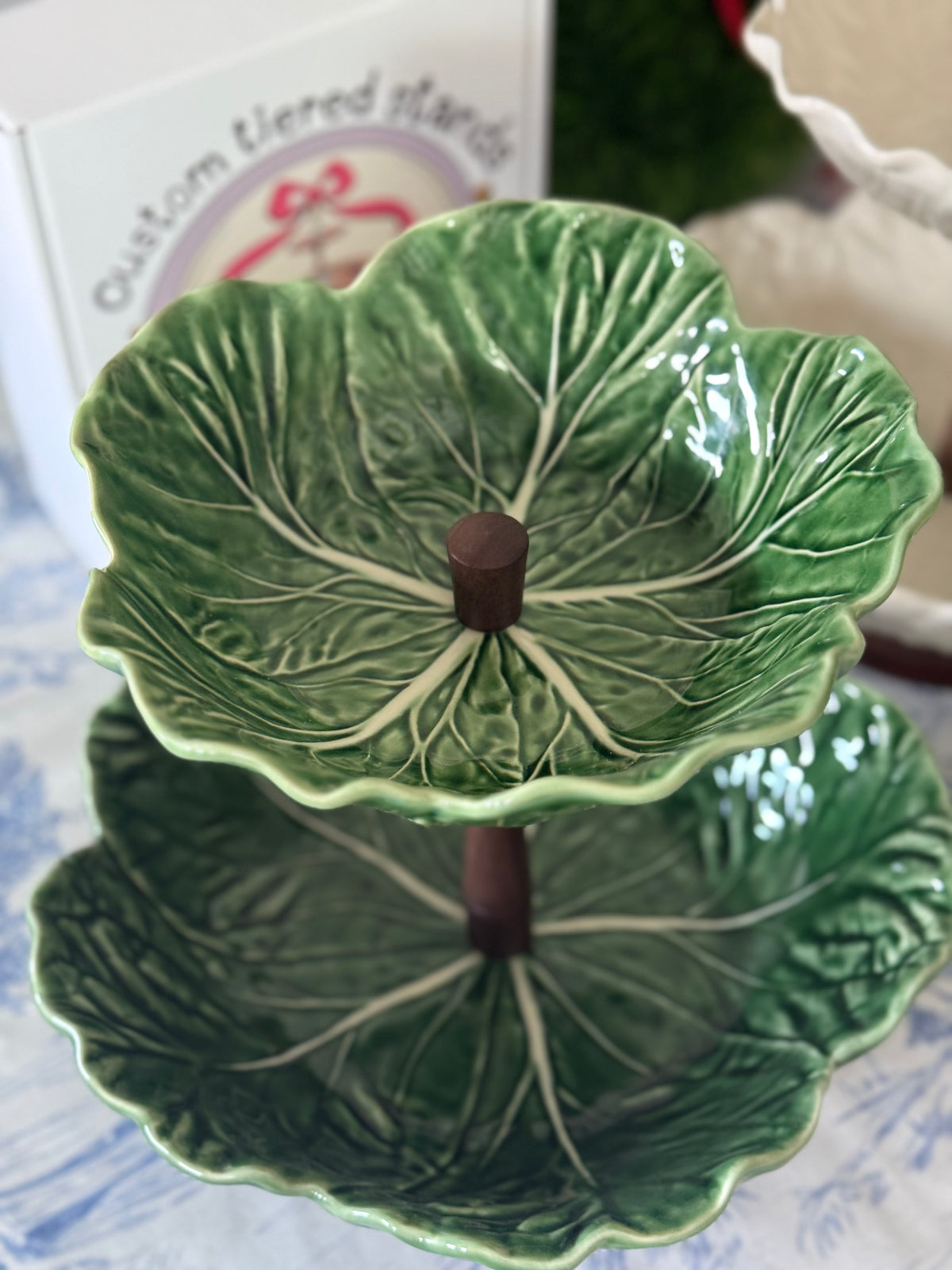 Bordallo Pinheiro Green Cabbage Tiered Stand with Artisan Wood Base | Elegant Fruit Stand & Kitchen Counter Decor (12.5” base bowl)