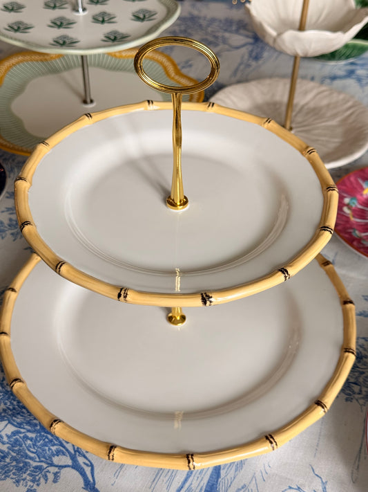 Bamboo Rim Stoneware Two Tiered Stand | Neutral Entertaining Stand with Gold Hardware | 11 Inch Base Plate