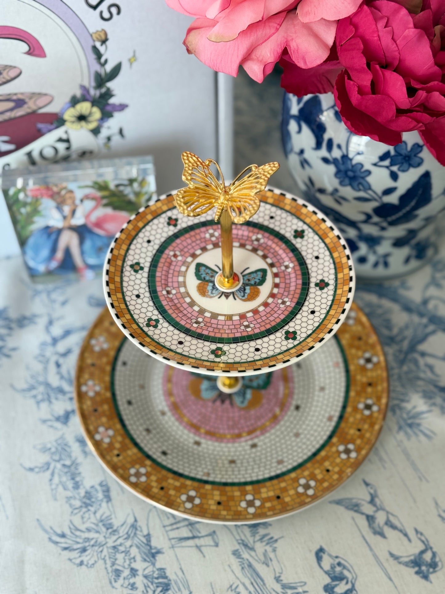 Anthropologie Bistro Tile- Butterfly Garden Two Tiered Stand