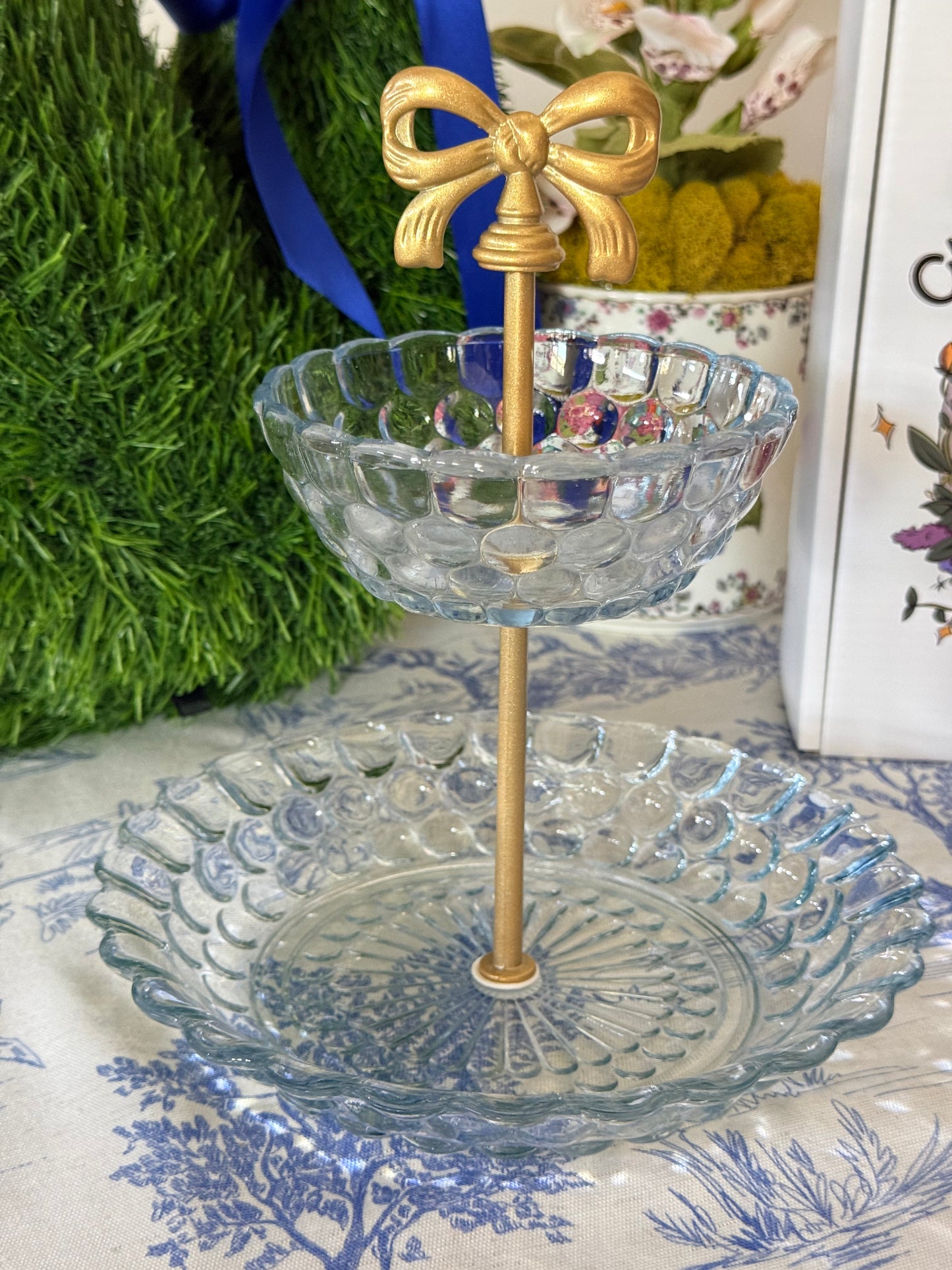 Anchor Hocking Sapphire Blue Depression Glass Bubble Pattern Tiered Stand – Vintage Jewelry & Perfume Display (1940’s)