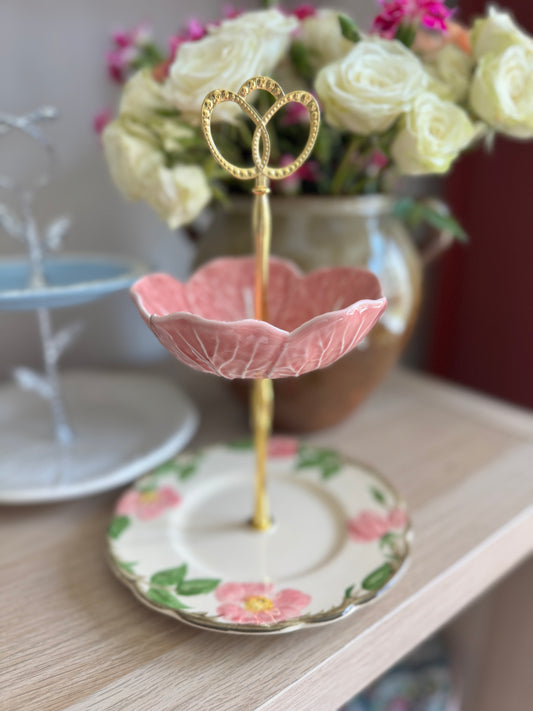 Bordallo Pink Cabbage bowl and Franciscan Desert Rose Petite Tiered Stand