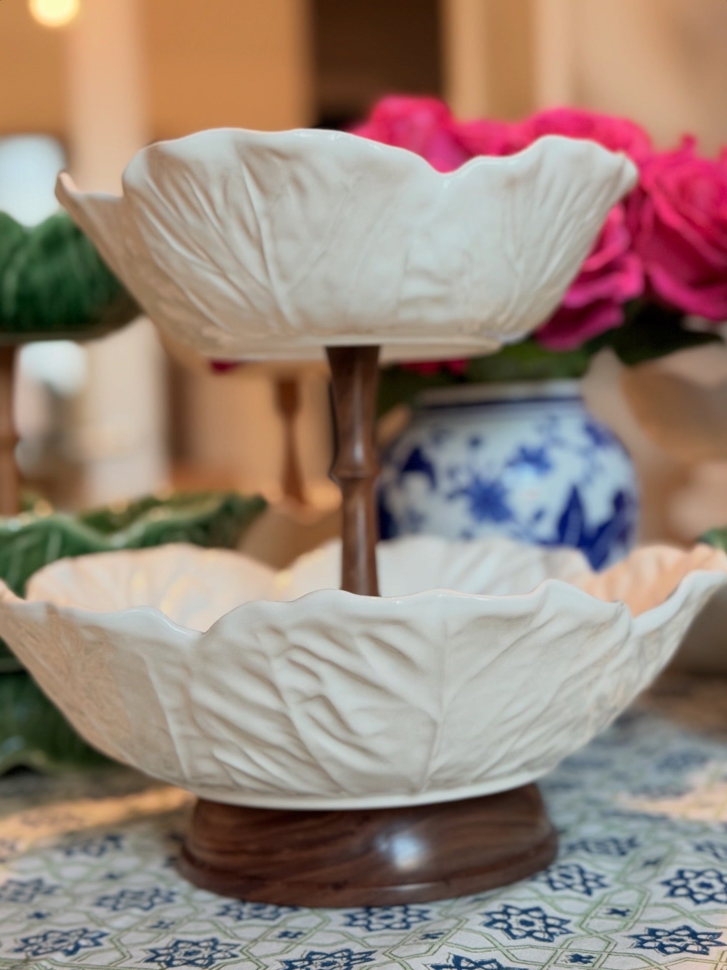 Bordallo Pinheiro Cream Cabbage Tiered Stand with Artisan Wood Base | Elegant Fruit Stand & Kitchen Counter Decor (12” base bowl)
