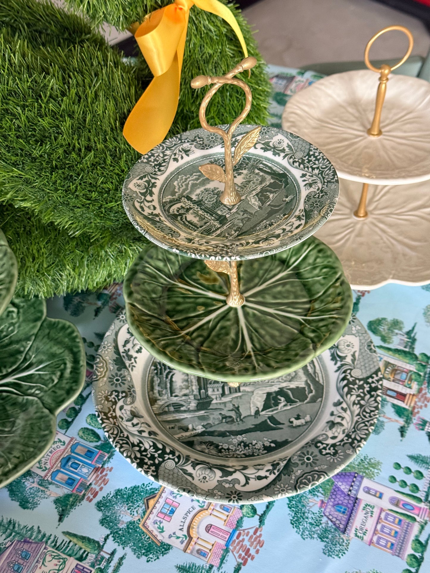 Spode Green Italian and Bordallo Cabbage Three Tiered Serving Stand