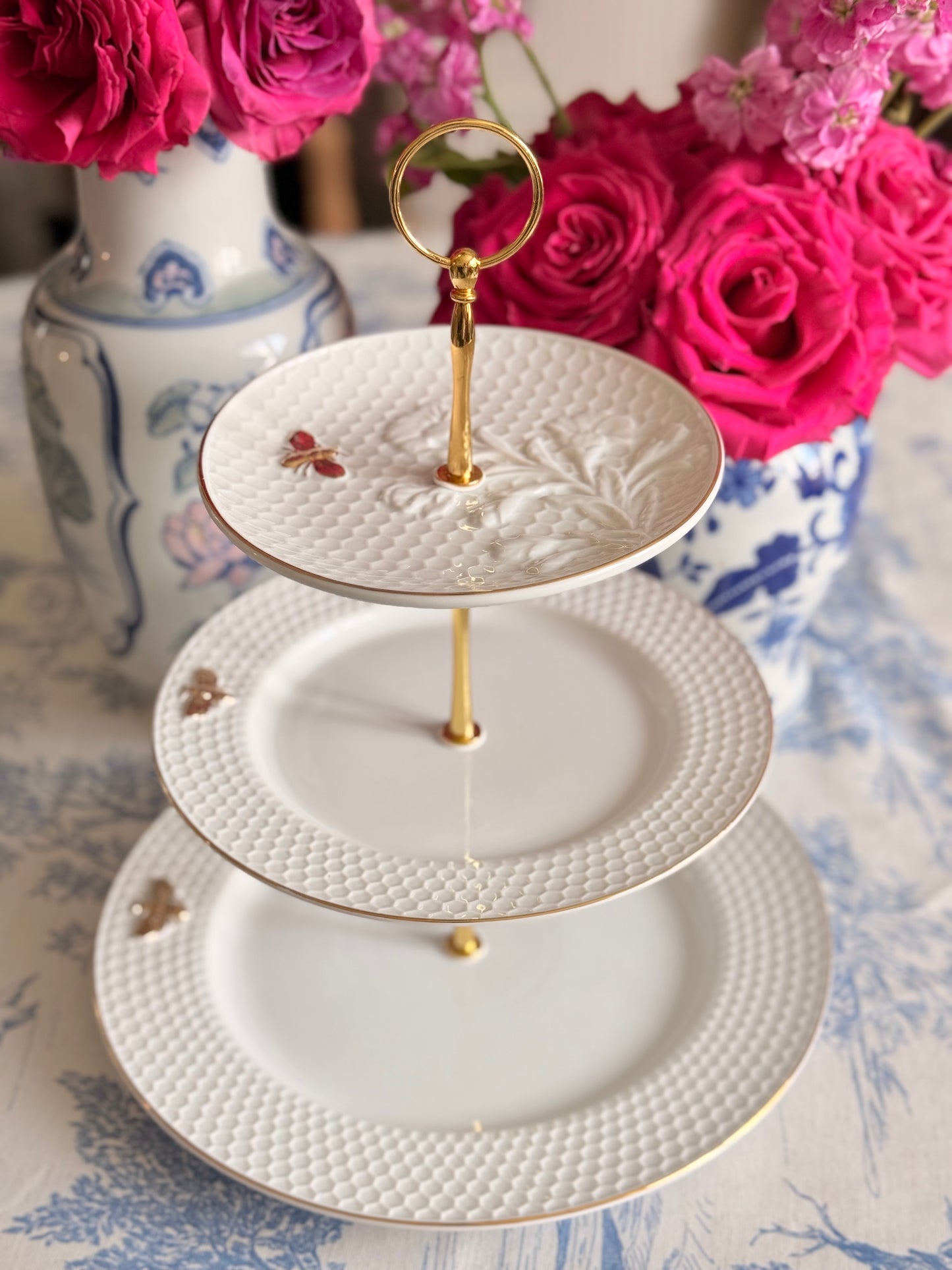 White Honeycomb Bee 3-Tiered Stand with Gold Hardware | Elegant Neutral Dessert Stand for Tea Parties, Bridal Showers & Entertaining