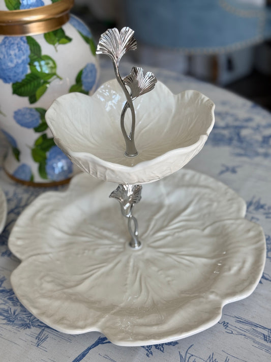 Bordallo Pinheiro Beige Tiered Stand – Neutral Ceramic Serving Stand for Entertaining & Countertop Decor (12” Charger Base)