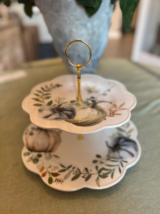2-Tier Pumpkin & Greenery Tiered Serving Stand – 10.5 Inch Base Plate – Fall Dessert & Appetizer Display