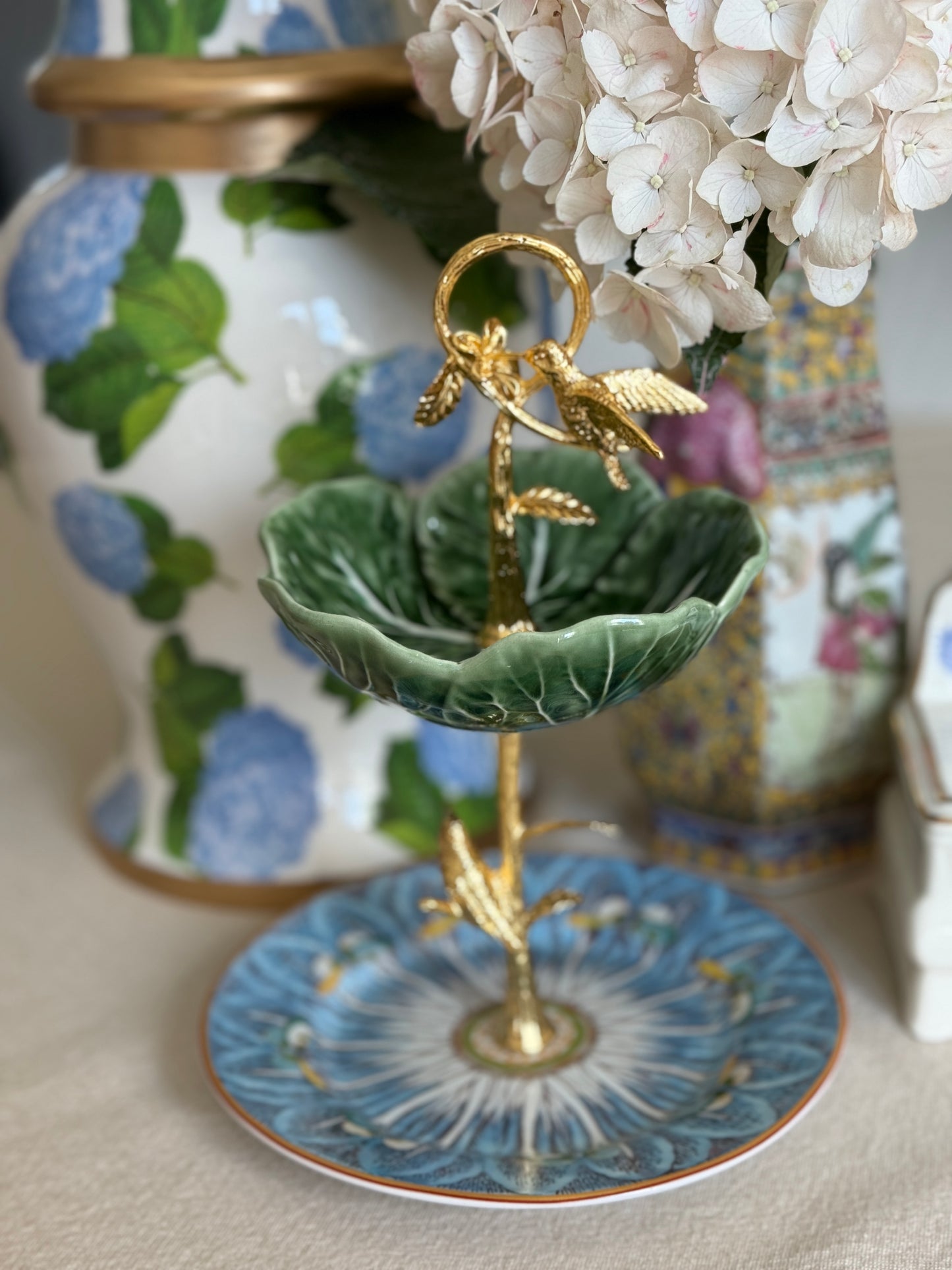 Petite Tiered Stand- Bordallo Cabbage and Blue Bok Choy Plate