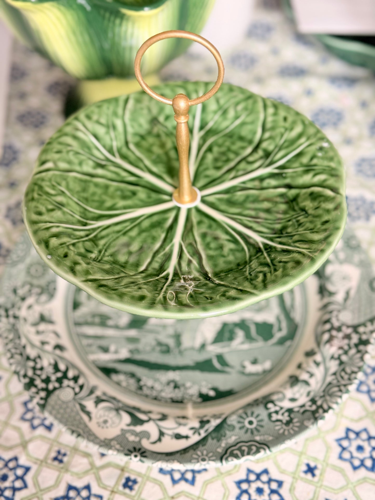 Spode Green Italian and Bordallo Cabbage Two Tiered Serving Stand