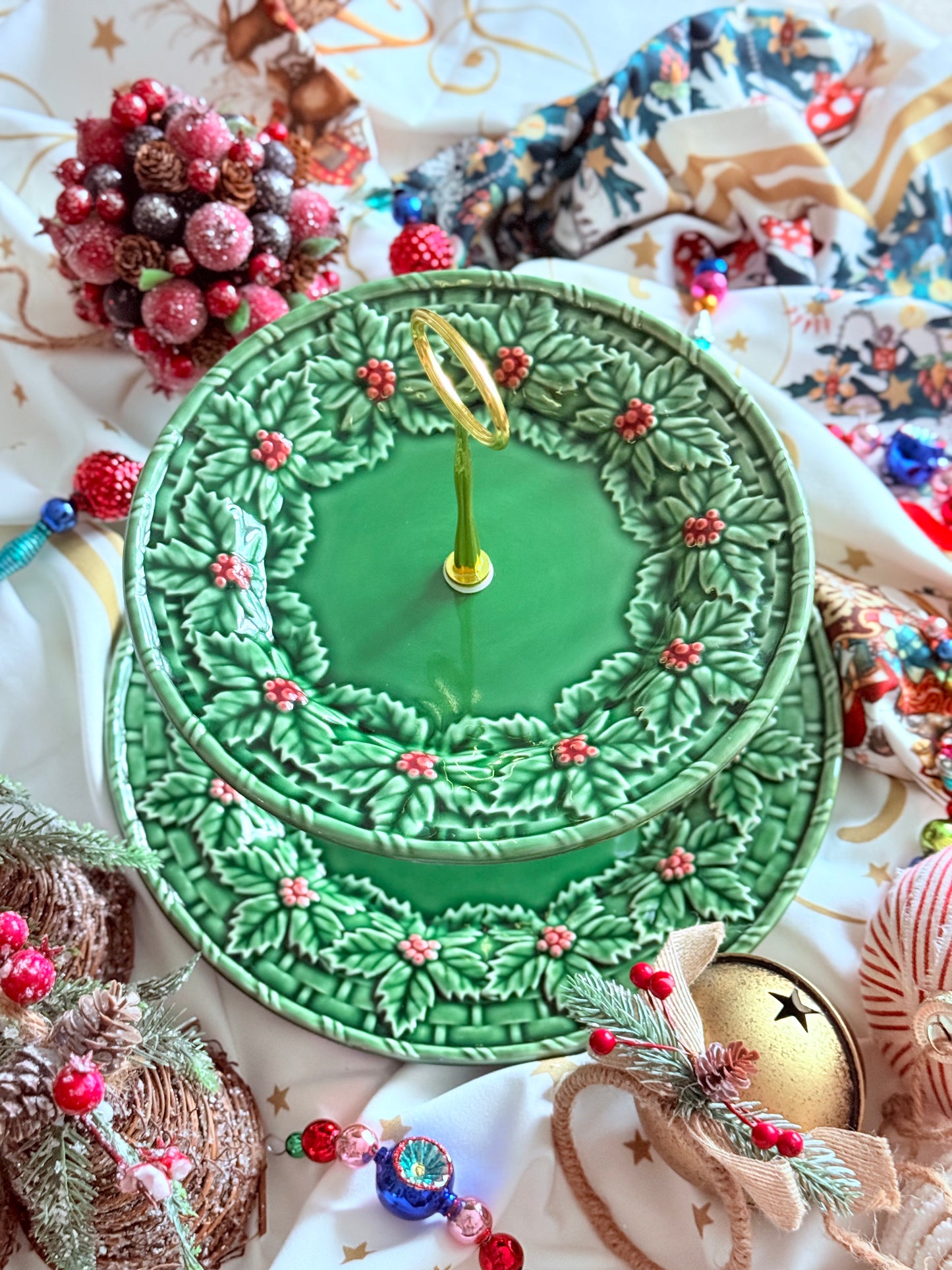 Bordallo Pinheiro Holly Tiered Stand – 2 Tier Green Christmas Serving Stand (11” & 9”) Handmade in Portugal