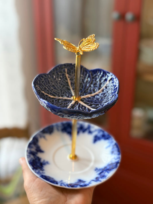Antique Flow Blue & Blue Cabbage Petite Tiered Stand