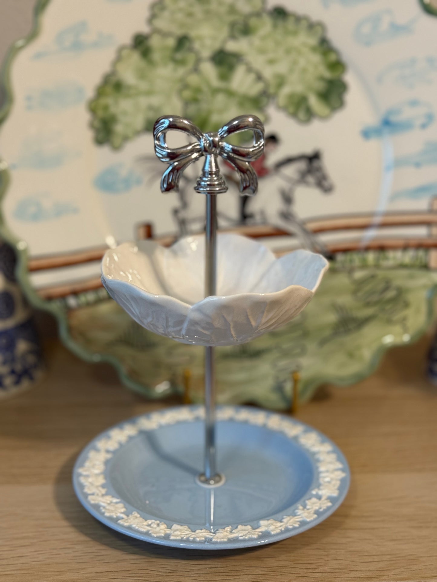 Wedgwood Blue Queensware & White Bordallo Cabbage Petite Tiered Stand – 6.5” Base