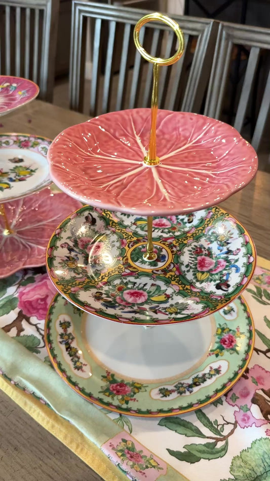 Bordallo Pinheiro and Famille Rose 3 tiered stand
