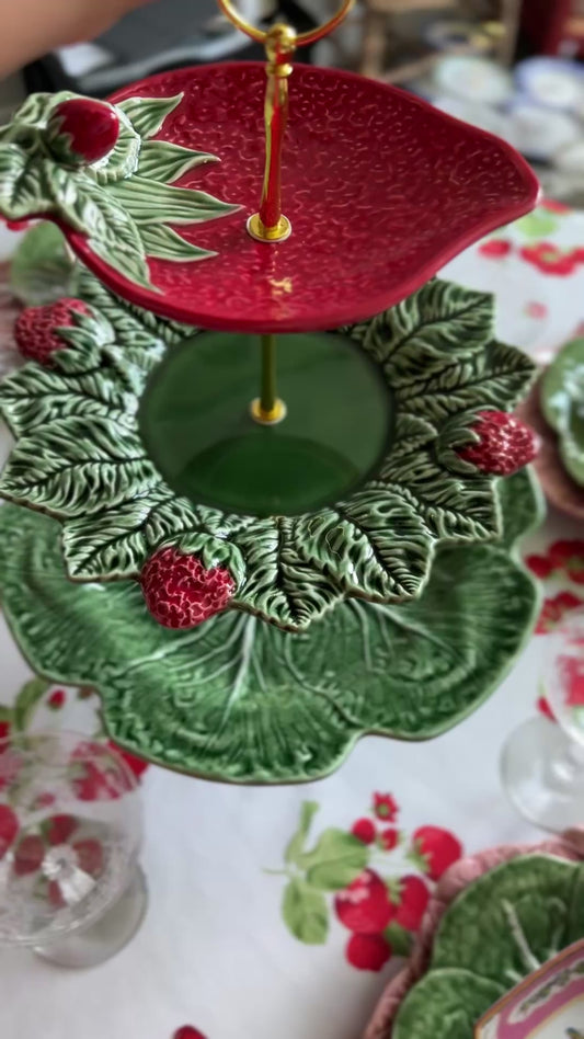 Bordallo Pinheiro Strawberry Three Tiered Stand with 12” Cabbage 🥬 base